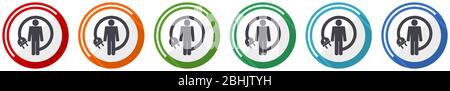 Android charging wire icon set, humanoid robot flat design vector illustration in 6 colors options for webdesign and mobile applications Stock Vector