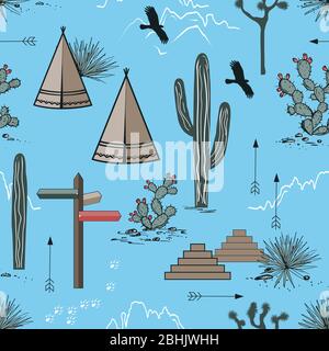 Mountains and Cacti Landscapes Adventure Seamless Pattern. USA nature background. Design for print, tapestry or textile with native Americans tribal Stock Vector