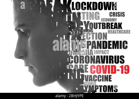 Coronavirus word cloud. Double exposure portrait. Stock Photo