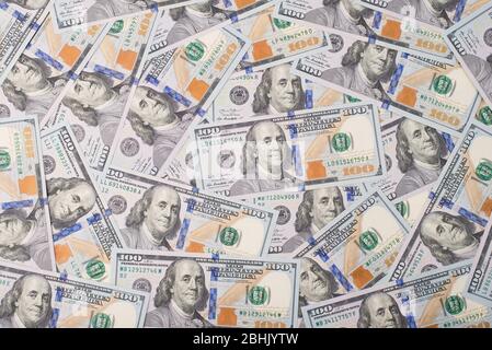 Top above overhead view photo of lot of american new paper dollars Stock Photo