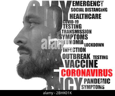 Coronavirus word cloud. Double exposure portrait. Stock Photo