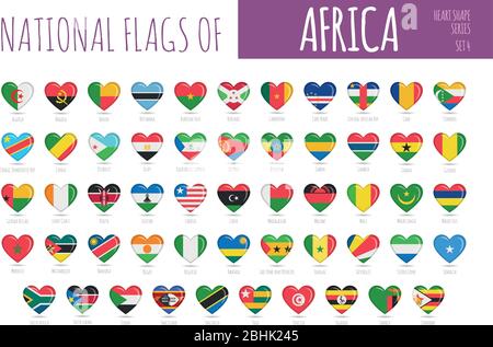 Set of 54 heart shaped flags of the countries of Africa. Icon set Vector Illustration. Stock Vector
