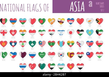 Set of 51 heart shaped flags of the countries of Asia. Icon set Vector Illustration. Stock Vector