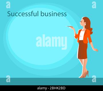 Successful beautiful business woman is standing on a blue background. Points with a pen to a place for text. Vector illustration with a blue backgroun Stock Vector