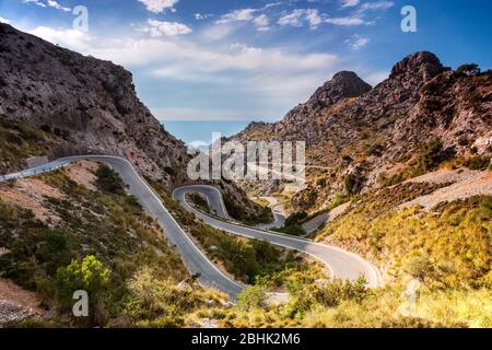 Serpentine road to La Calobra, Escorca, Sierra de Tramontana, Balearic islands, Mallorca, Spain, Western Europe Stock Photo