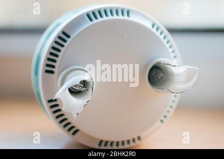 An exposed electrode and phosphor coated glass in a broken compact fluorescent lamp (CFL bulb) tube Stock Photo