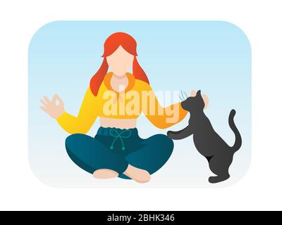 Girl doing yoga with cat vector cartoon character. Woman meditating with home animal isolated on white. Sporty lady and pet vector illustration in Stock Vector