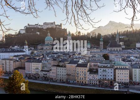 Cityscape view of Salzburg Old Town at sunset as seen from near Kapuzinerkloster Monastery, Salzburg, Austria Stock Photo