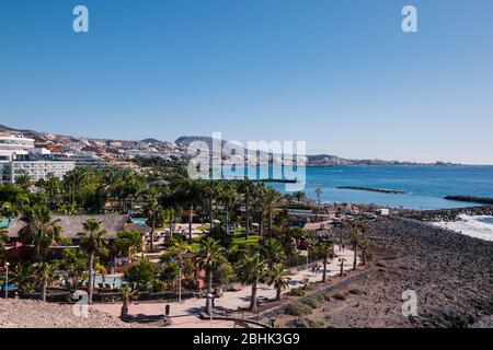 View of Costa Adeje and Playa de las Americas in Tenerife Stock Photo
