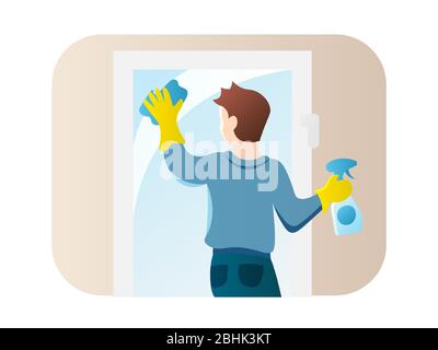 Man cleaning window flat style icon. Guy doing chores vector illustration. Male washing glass cartoon character, isolated on white. Stay home Stock Vector