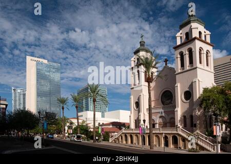 view of St. Mary's Basilica and the Chase Tower in downtown Phoenix, Arizona Stock Photo