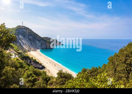 Panoranic photo of Milos beach near the Agios Nikitas village on Lefkada island, Greece. Stock Photo