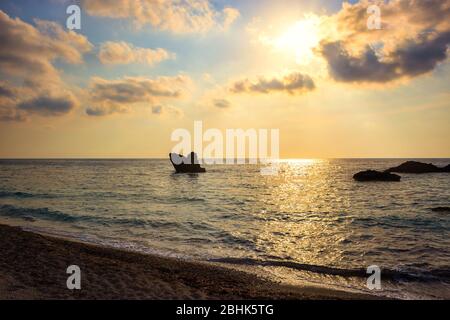 Beautiful sunset at Kathisma beach, west coast of Lefkada island, Greece. Stock Photo
