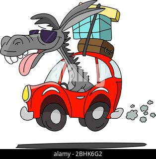 Cartoon donkey wearing sun glasses driving a car going on vacation vector illustration Stock Vector