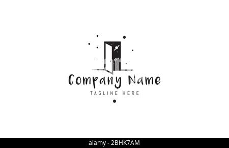 Vector logo on which an abstract image of an open door behind which the universe with stars and planets is visible. Stock Vector