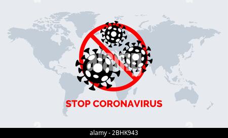 Stop Coronavirus vector banner concept. Crossed out Covid-19 cell and world map flat illustration. Quarantine and self isolation, pandemic of China pathogen respiratory influenza 2019-ncov outbreak. Stock Vector