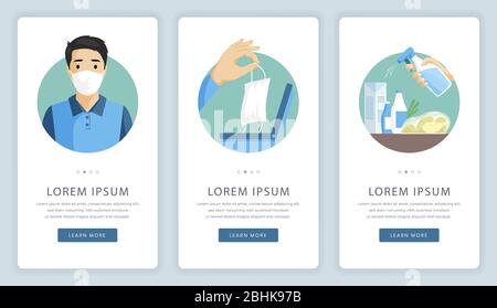 Coronavirus Covid-19 prevention tips vector mobile app screens. Use mask and disinfect products flat illustration. Global pandemic of respiratory influenza Covid-19 outbreak website template. Stock Vector