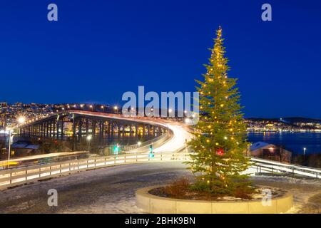 Christmas Tree Near Bridge Of Tromso, Norway, Tromso At Winter Time, Christmas in Tromso