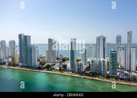 Aerial morning view of Castillogrande prestigious beach district in Cartagena city. Stock Photo