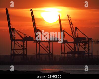 Queenborough, Kent, UK. 26th Apr, 2020. UK Weather: the sun sets behind the cranes of Thamesport as seen from Queenborough, Kent this evening. Credit: James Bell/Alamy Live News Stock Photo