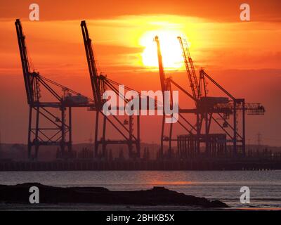 Queenborough, Kent, UK. 26th Apr, 2020. UK Weather: the sun sets behind the cranes of Thamesport as seen from Queenborough, Kent this evening. Credit: James Bell/Alamy Live News Stock Photo