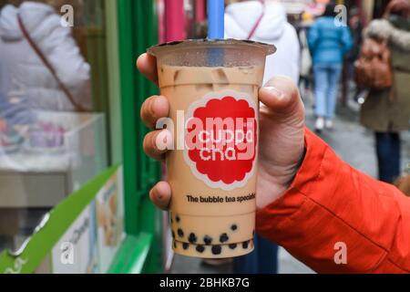 London, United Kingdom, 25th of January 2020: Bubble tea is a Taiwanese tea-based drink invented in Tainan and Taichung in the 1980s. Recipes contain Stock Photo