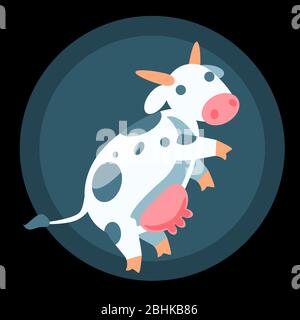 Flying cow cartoon illustration isolated on black backdrop. Flat childish vector sticker. Funny animal in ufo light. Strange alien art card. Stock Vector