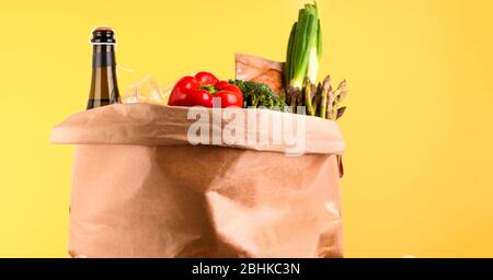 Download Food Donations On Yellow Background With Paper Bag Mockup And Copyspace Pasta Fresh Vegatables Canned Food Organic Eggs And Oil Donation Food Stock Photo Alamy PSD Mockup Templates