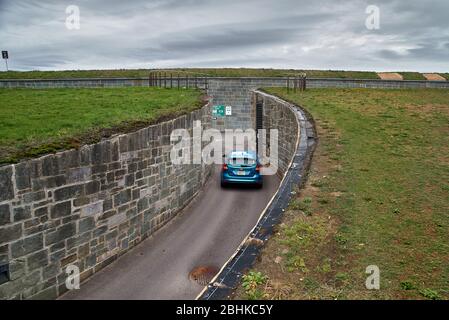 Quebec city, Canada september 23, 2018: Blue car drives into the National Battlefield park in Quebec City's old town. Stock Photo