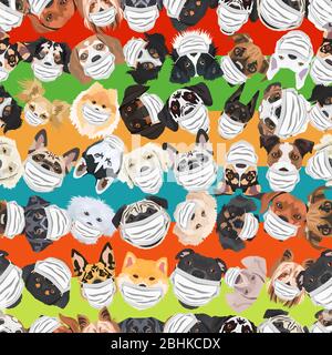 Illustration and seamless pattern of dogs with respirator. At this time of the pandemic, the design is a nice graphic for fans of dogs. Stock Vector
