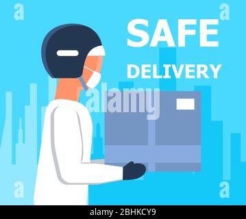 Safe delivery service door to door. Contactless delivery during corona-virus epidemic. Man is carrying box. Courier is wearing a medical mask Stock Vector