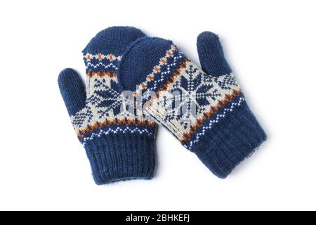 Children's multi-colored knitted wool gauntlets isolated on white Stock Photo