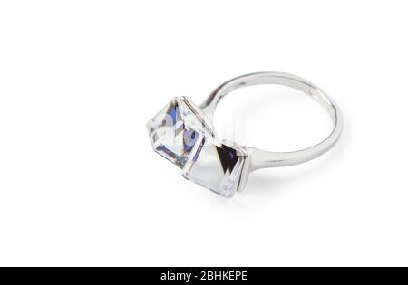 Female silver ring with cubic stones isolated on a white background Stock Photo
