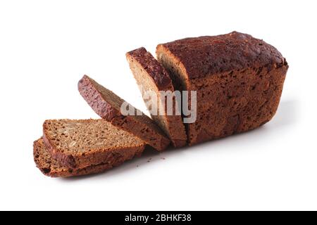 A loaf of rye bread is sliced into pieces isolated on white Stock Photo