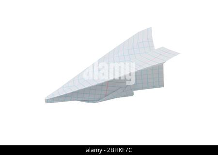 Paper airplane from notebook sheet isolated on white background Stock Photo