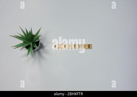 The word Attitude written in wooden letter tiles on a white background.  Concept attitude in business, life and happiness. Stock Photo
