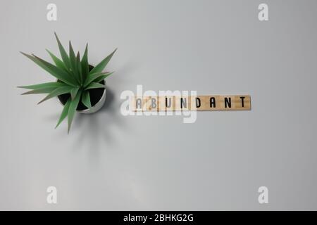 The word Abundant is written in wooden letter tiles on a white background.  Concept business, wealth, and prosperity. Stock Photo