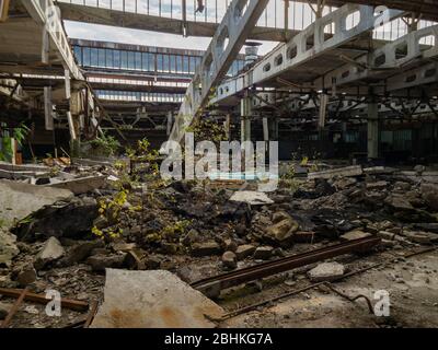 Damaged Roof in Jupiter Factory, Chernobyl Exclusion Zone. Ukraine Stock Photo