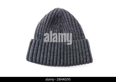 Men's woolen knitted hat for winter isolated on white Stock Photo
