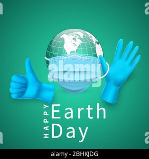 Happy Earth Day. Earth globe in medical face mask and medical latex glove. Vector Illustration. Stock Vector