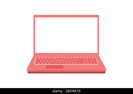 Modern business template with laptop pink on white background. Vector mockup isolated. Home office workplace. Freelance. White screen. Social network Stock Vector