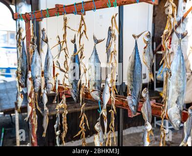 Dried sea fish hanging on hooks at a local fish market. Stock Photo