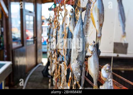 Dried sea fish hanging on hooks at a local fish market. Stock Photo