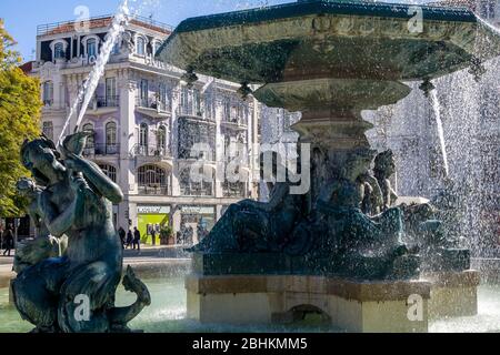 Fountain on the main square in Lisbon, Portugal, February 2018. Stock Photo