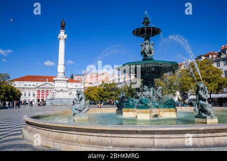 Fountain on the main square in Lisbon, Portugal, February 2018. Stock Photo