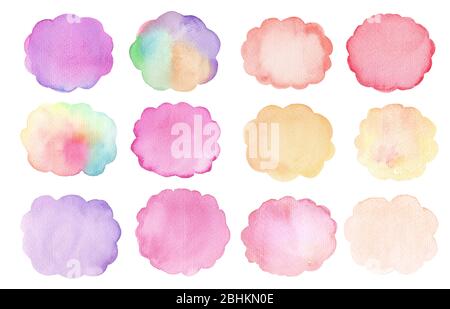 Watercolor set of colorful stains. Red, pink, yellow, orange, purple watercolor stains. Hand painted abstract texture backgrounds. Hand drawn illustra Stock Photo