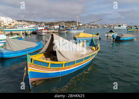 Luzzu fishing boat for sale, Marsaxlokk, Malta Stock Photo