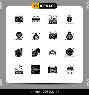Set of 16 Commercial Solid Glyphs pack for sale, location, night, discount, transport Editable Vector Design Elements Stock Vector