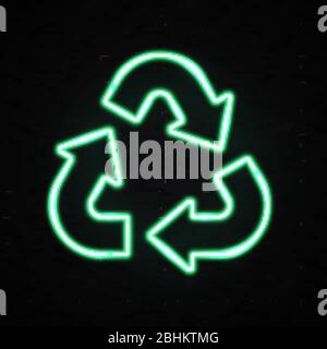 Neon light eco recycle symbol or sign of conservation green icon isolated on black brick background. Glowing reuse recycling triangle arrow. Bright ec Stock Vector