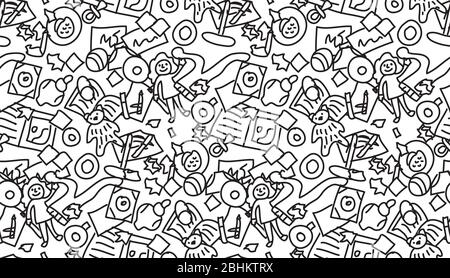 Floor with children toys mess seamless pattern black and white Stock Vector